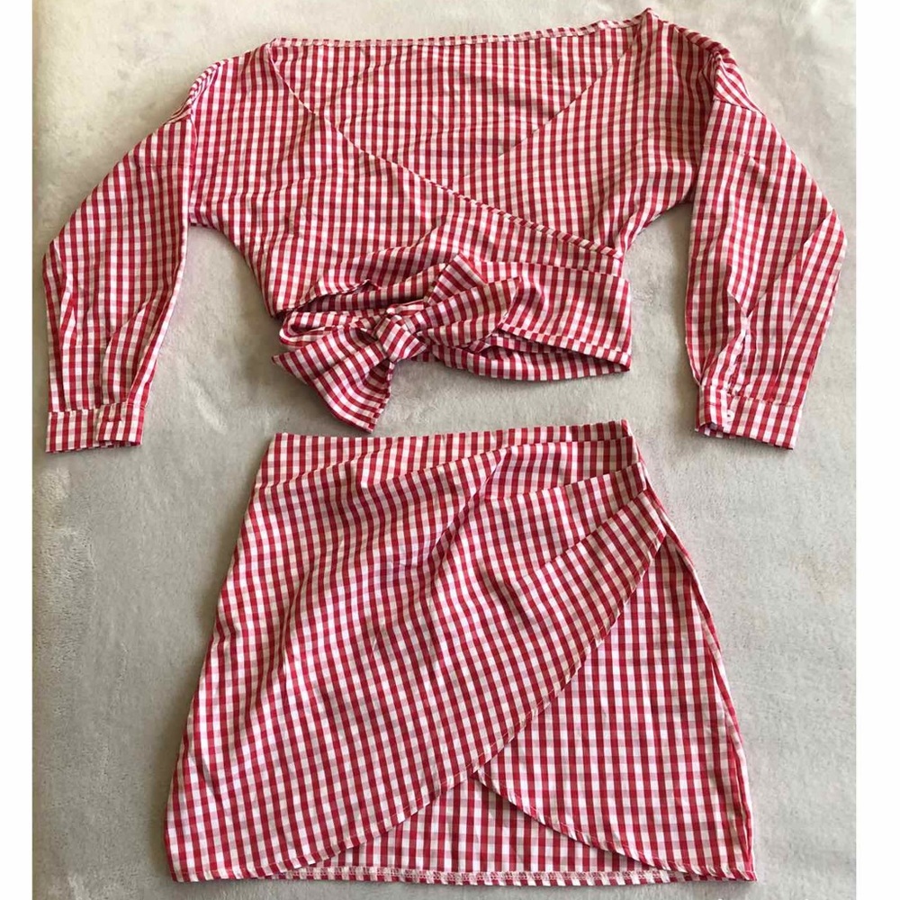 Plaid red two piece bow tie top and skirt